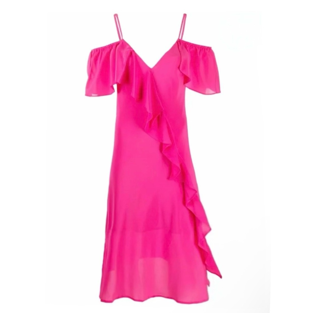 NWT Revolve x GOLD HAWK 100% Silk Hot Pink Ruffle-Detail V-Neck Midi Dress - Picture 3 of 11